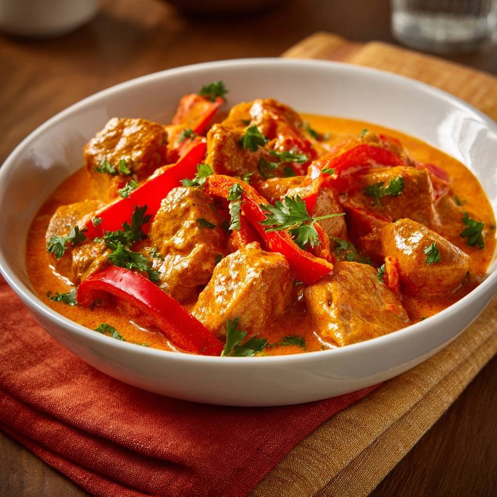 Hähnchen-Paprika-Curry in einer weißen Schüssel serviert, garniert mit frischer Petersilie und roten Paprikastreifen. Das cremige Curry ist ein Genuss.