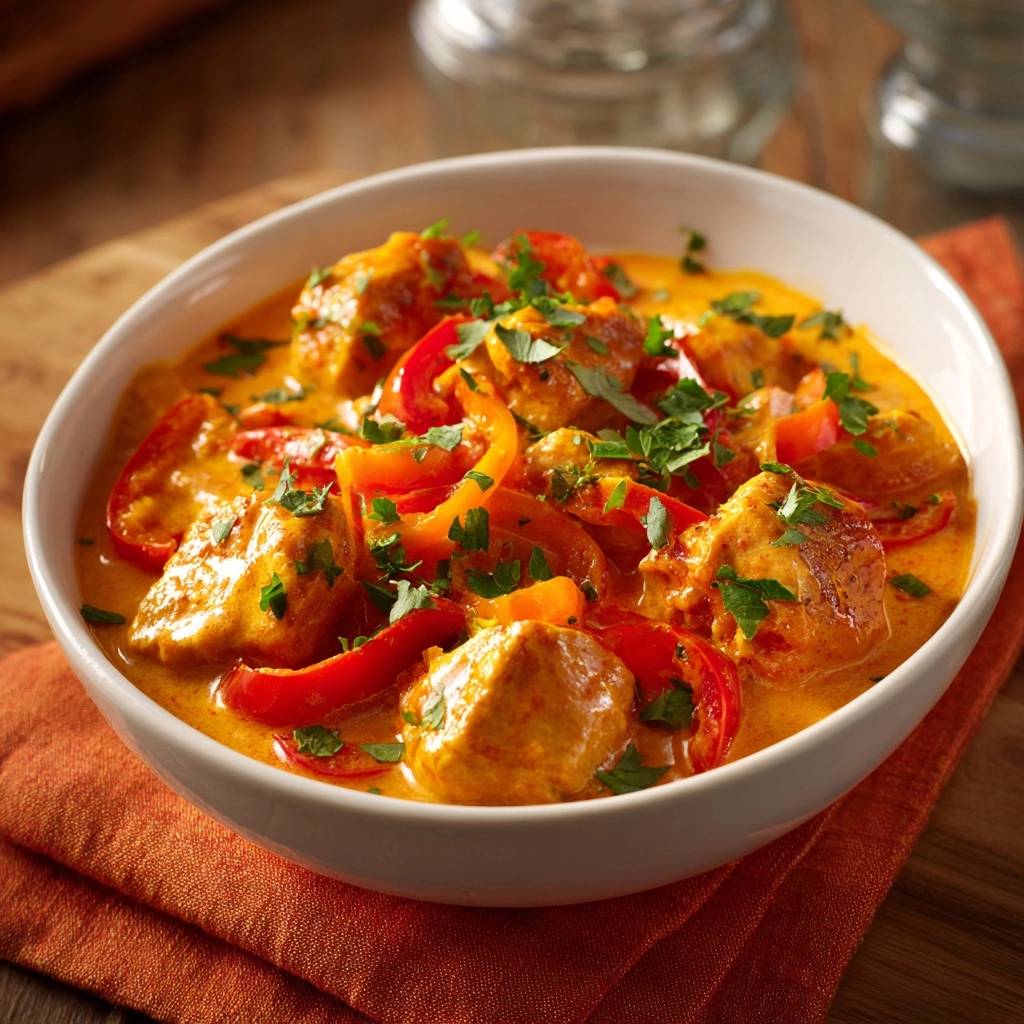 Hähnchen-Paprika-Curry serviert in einer weißen Schüssel. Das cremige Curry ist mit frischer Petersilie garniert und enthält Paprika.