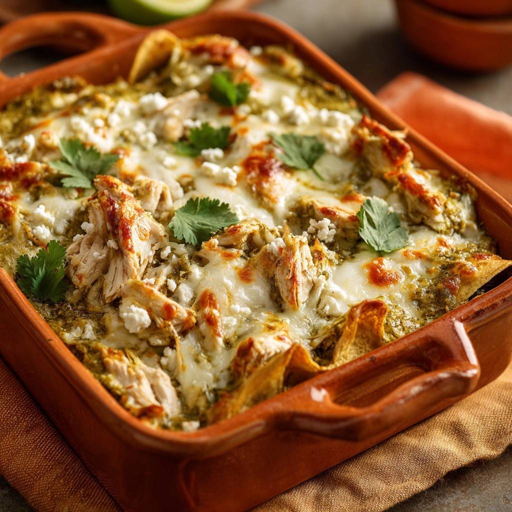 Hähnchen-Enchiladas Verdes in Nahaufnahme, überbacken mit geschmolzenem Käse und frischem Koriander. Ein herzhaftes Gericht, serviert in einer rustikalen Auflaufform.
