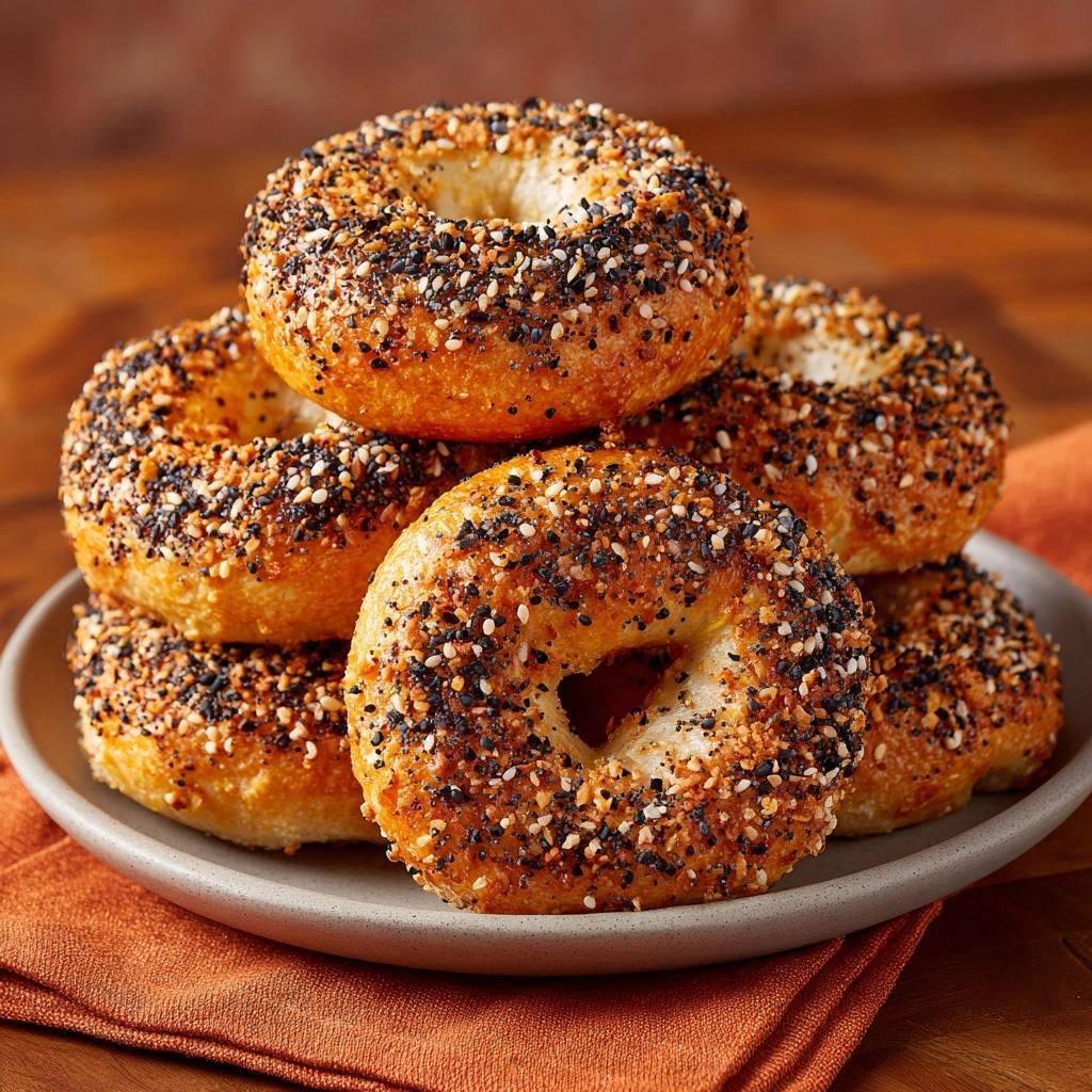 Hausgemachte Sesam-Bagels sind auf einem Teller gestapelt und mit einer großzügigen Schicht aus Sesam, Mohn und Gewürzen bedeckt.