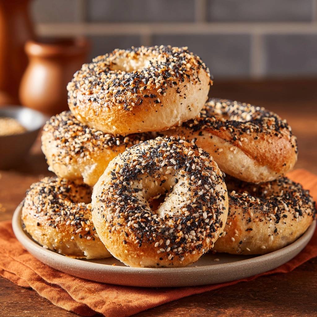 Hausgemachte Sesam-Bagels sind auf einem Teller gestapelt und von oben fotografiert, mit einer knusprigen Kruste und reichlich Sesam.