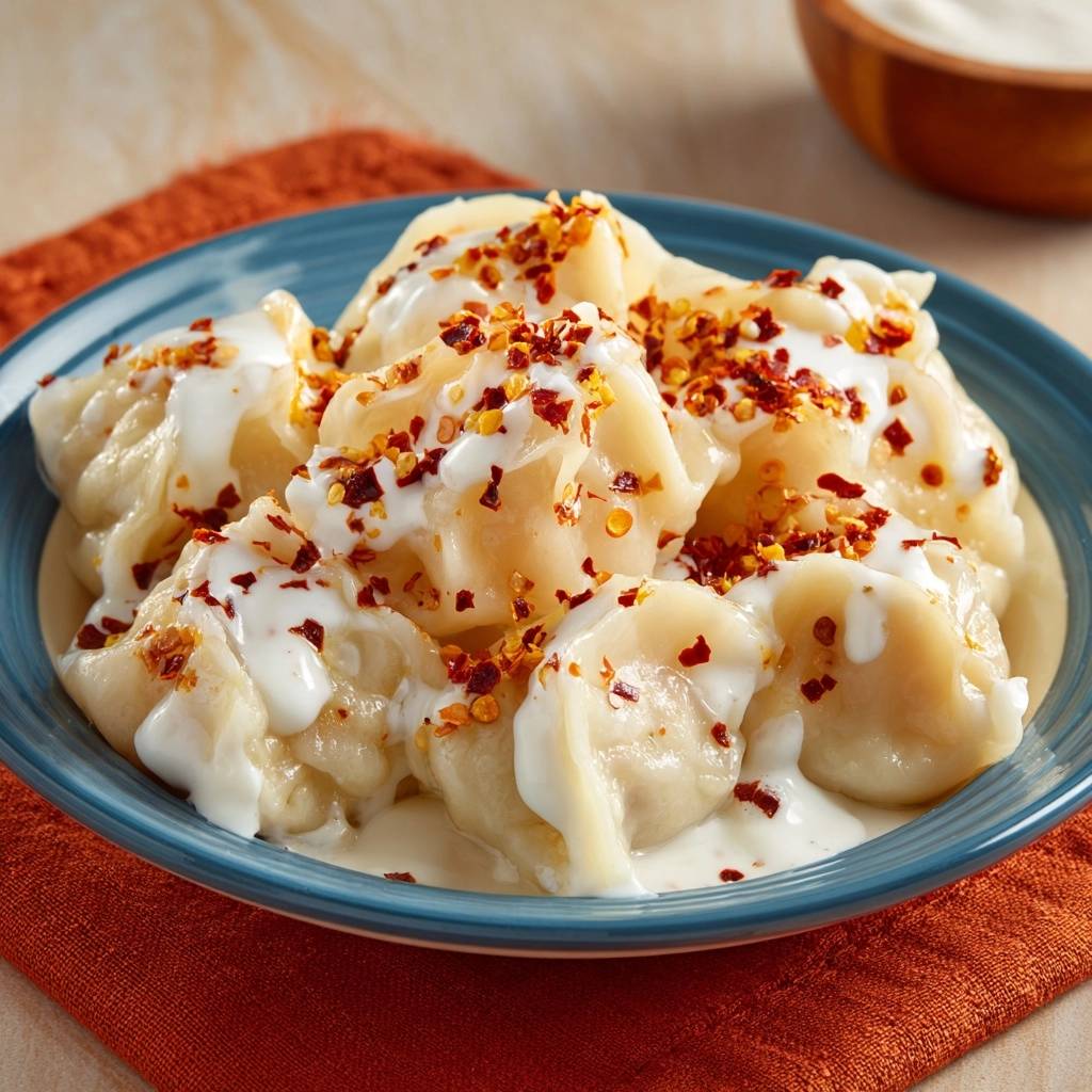 Hausgemachte Teigtaschen mit Joghurt-Chili-Topping, serviert auf einem blauen Teller und mit einer cremigen Joghurt-Chili-Glasur.