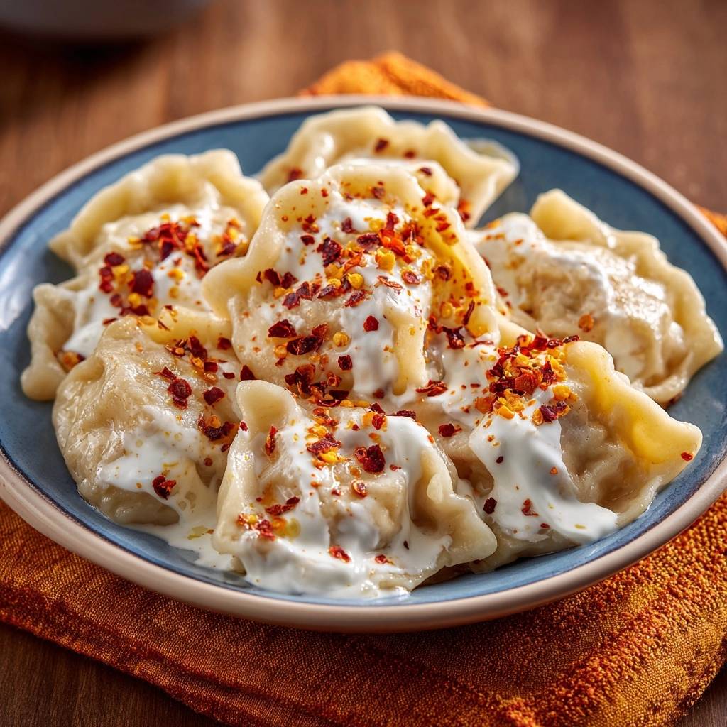 Hausgemachte Teigtaschen mit Joghurt-Chili-Topping in einer Nahaufnahme, serviert auf einem blauen Teller und garniert mit Chili-Flocken.