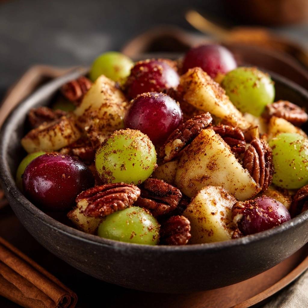 Herbstlicher Obstsalat mit Pekannüssen und Zimt in einer Nahaufnahme, die die Zimtbestäubung auf den Früchten und Nüssen zeigt.