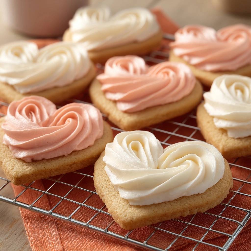 Herz-Butterplätzchen mit Frosting, frisch dekoriert und auf einem Kühlgitter platziert, bereit zum Genießen. Die herzerwärmenden Plätzchen sind perfekt für Valentinstag.