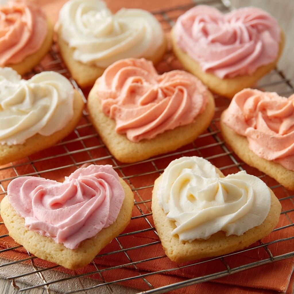 Herz-Butterplätzchen mit Frosting, frisch gebacken und auf einem Kühlgitter platziert, bereit zum Genießen. Die herrlich dekorierten Kekse verströmen einen unwiderstehlichen Duft.