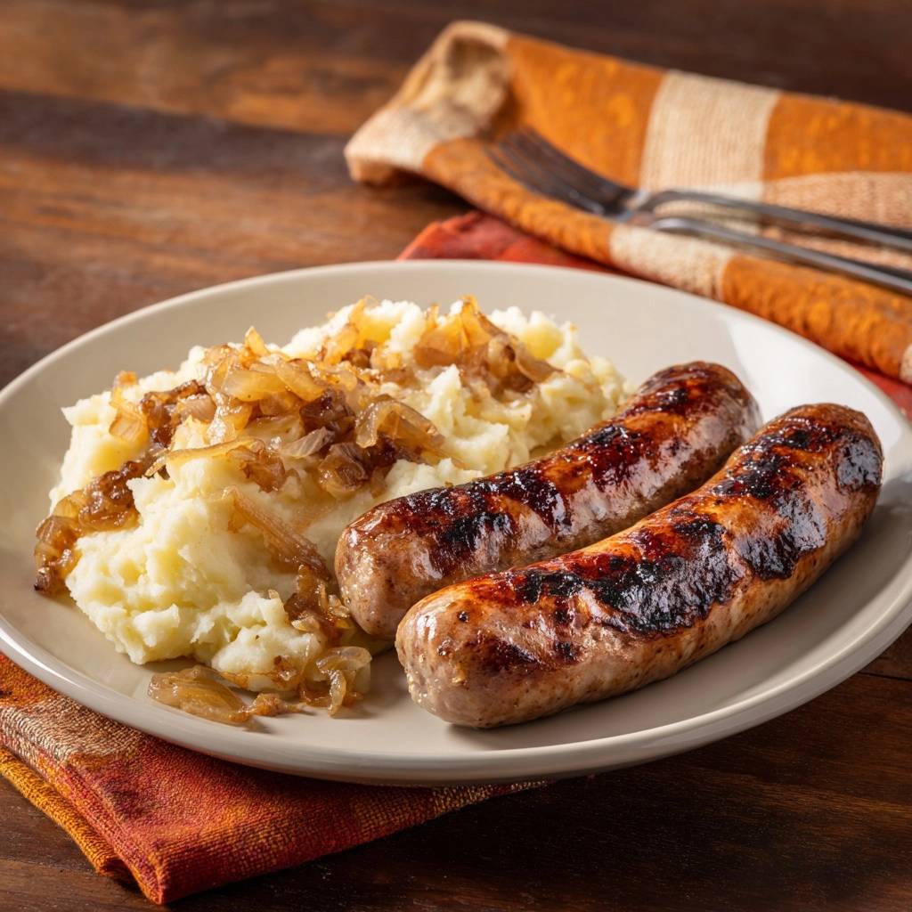 Herzhafte Bratwuerste Auf Kartoffelstampf Serviert 1 Herzhafte Bratwürste auf Kartoffelstampf serviert auf einem hellen Teller, garniert mit karamellisierten Zwiebeln. Diese deftige Mahlzeit ist ein wahrer Genuss.