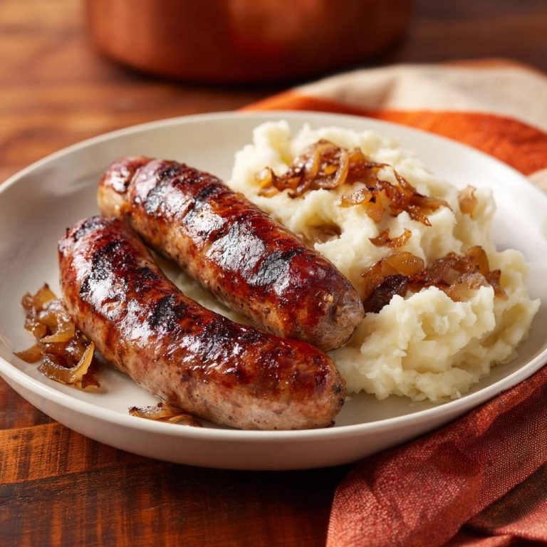 Herzhafte Bratwürste auf Kartoffelstampf serviert auf einem weißen Teller, garniert mit karamellisierten Zwiebeln. Diese deftige Mahlzeit ist ein wahrer Genuss für alle Feinschmecker.