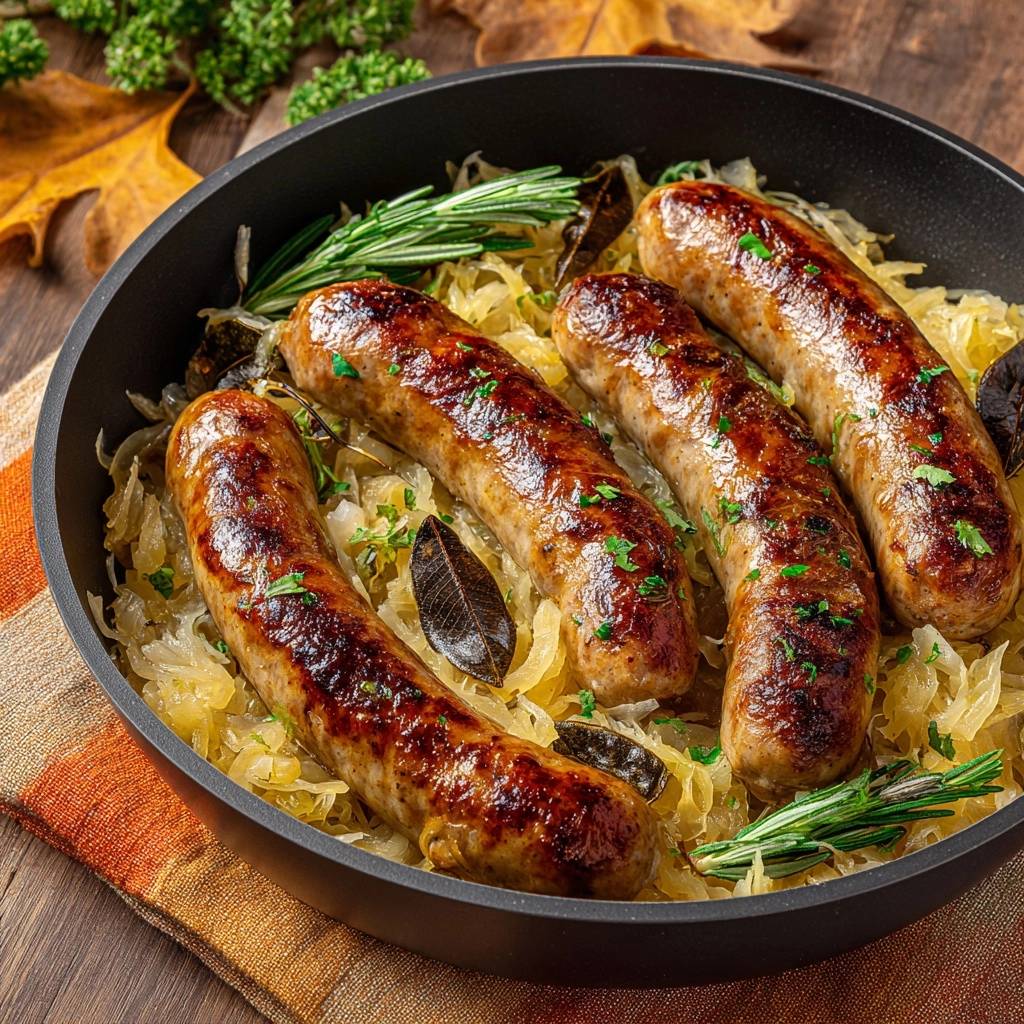 Herzhafte Bratwurst Auf Sauerkraut Draufsicht Serviert 1 Herzhafte Bratwurst auf Sauerkraut, serviert in einer Pfanne, garniert mit frischen Kräutern und köstlichem Bratwurstsaft.