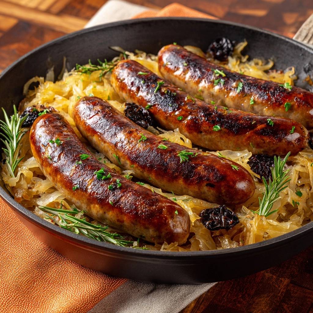 Herzhafte Bratwurst auf Sauerkraut in einer Pfanne, draufsicht von oben. Die Bratwürste sind goldbraun gebraten und liegen auf Sauerkraut mit Pflaumen.
