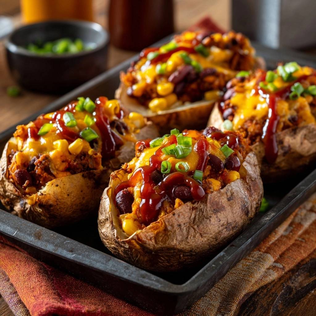 Herzhafte Chili Ofenkartoffeln Draufsicht Serviert 1 Herzhafte Chili-Ofenkartoffeln, serviert in einer Auflaufform, mit geschmolzenem Käse, Chili, Mais und frischen Kräutern garniert.