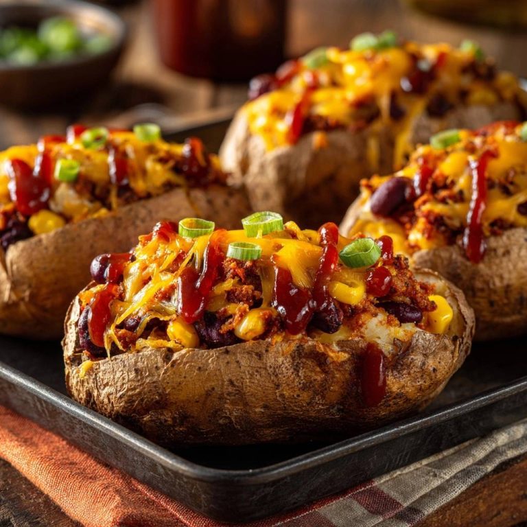 Herzhafte Chili-Ofenkartoffeln in Nahaufnahme, gefüllt mit Chili, Käse und Mais, serviert auf einem dunklen Blech. Die Ofenkartoffeln sind mit frischen Kräutern garniert.