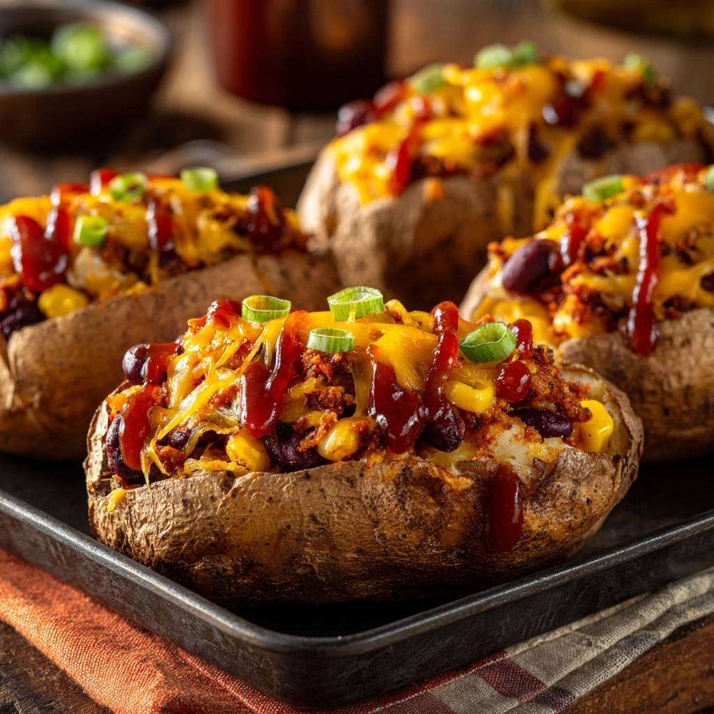 Herzhafte Chili-Ofenkartoffeln in Nahaufnahme, gefüllt mit Chili, Käse und Mais, serviert auf einem dunklen Blech. Die Ofenkartoffeln sind mit frischen Kräutern garniert.