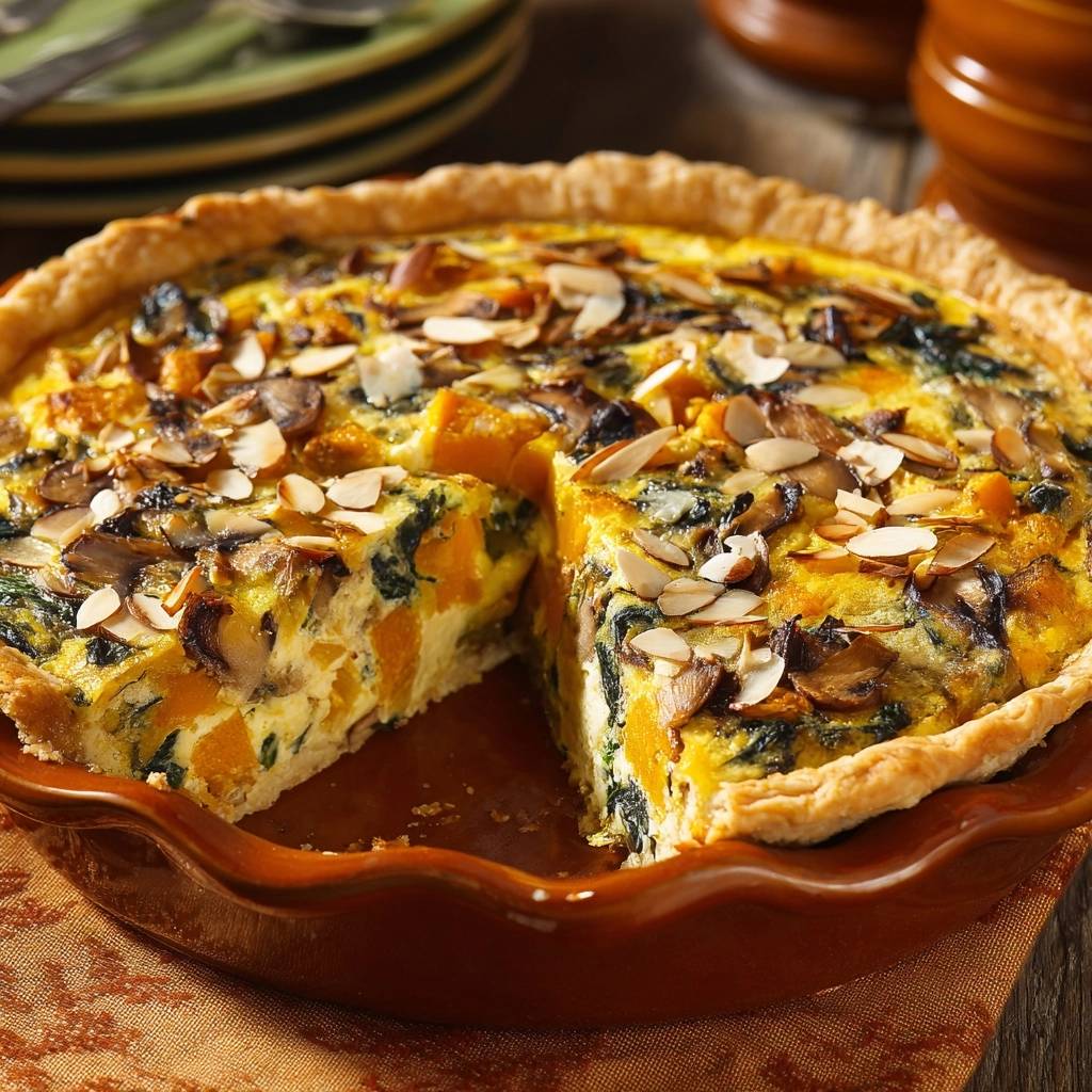 Herzhafte Kürbis-Pilz-Quiche mit einem angeschnittenen Stück, das die cremige Füllung und den knusprigen Boden zeigt.