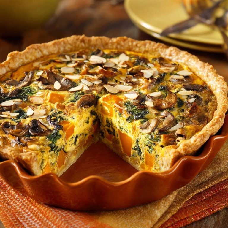 Herzhafte Kürbis-Pilz-Quiche mit einem Anschnitt, der die saftige Füllung mit Pilzen und Kürbis zeigt. Die Quiche ist mit Mandelsplittern garniert.