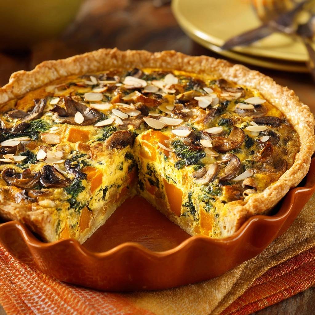Herzhafte Kürbis-Pilz-Quiche mit einem Anschnitt, der die saftige Füllung mit Pilzen und Kürbis zeigt. Die Quiche ist mit Mandelsplittern garniert.