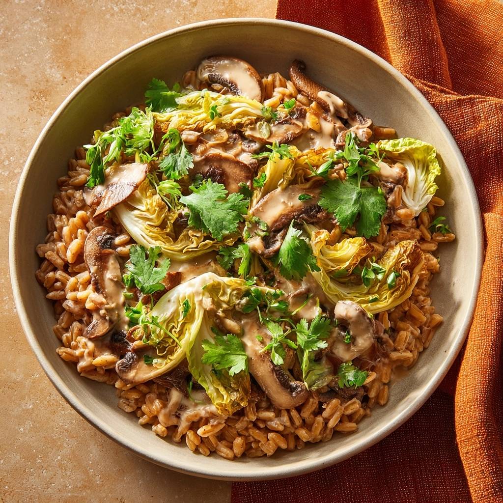 Herzhafte Pilz-Dinkel-Bowl, serviert in einer Schüssel, mit knackigem Wirsing und frischer Petersilie garniert. Ein köstliches veganes Gericht.