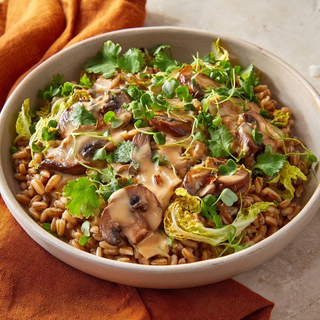 Herzhafte Pilz-Dinkel-Bowl, serviert in einer cremigen Sauce, garniert mit frischen Kräutern und Microgreens, ein köstliches Gericht.