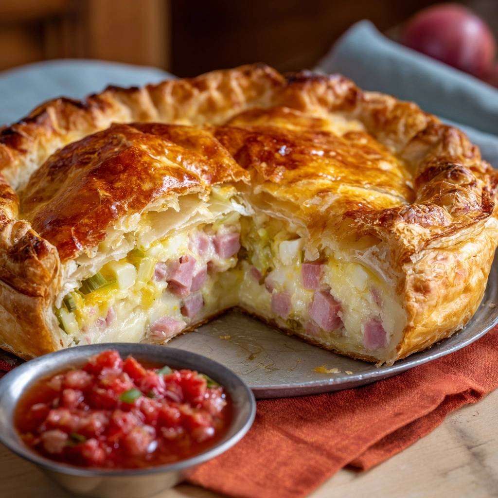 Herzhafte Schinken-Gemüse-Pastete mit Anschnitt zeigt die saftige Füllung mit Schinken, Gemüse und Käse, umhüllt von knusprigem Blätterteig.