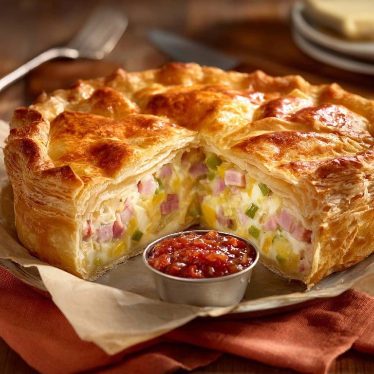Herzhafte Schinken-Gemüse-Pastete in Nahaufnahme, zeigt den Anschnitt mit herzhafter Füllung aus Schinken und Gemüse. Dazu wird eine kleine Schale mit Sauce serviert.