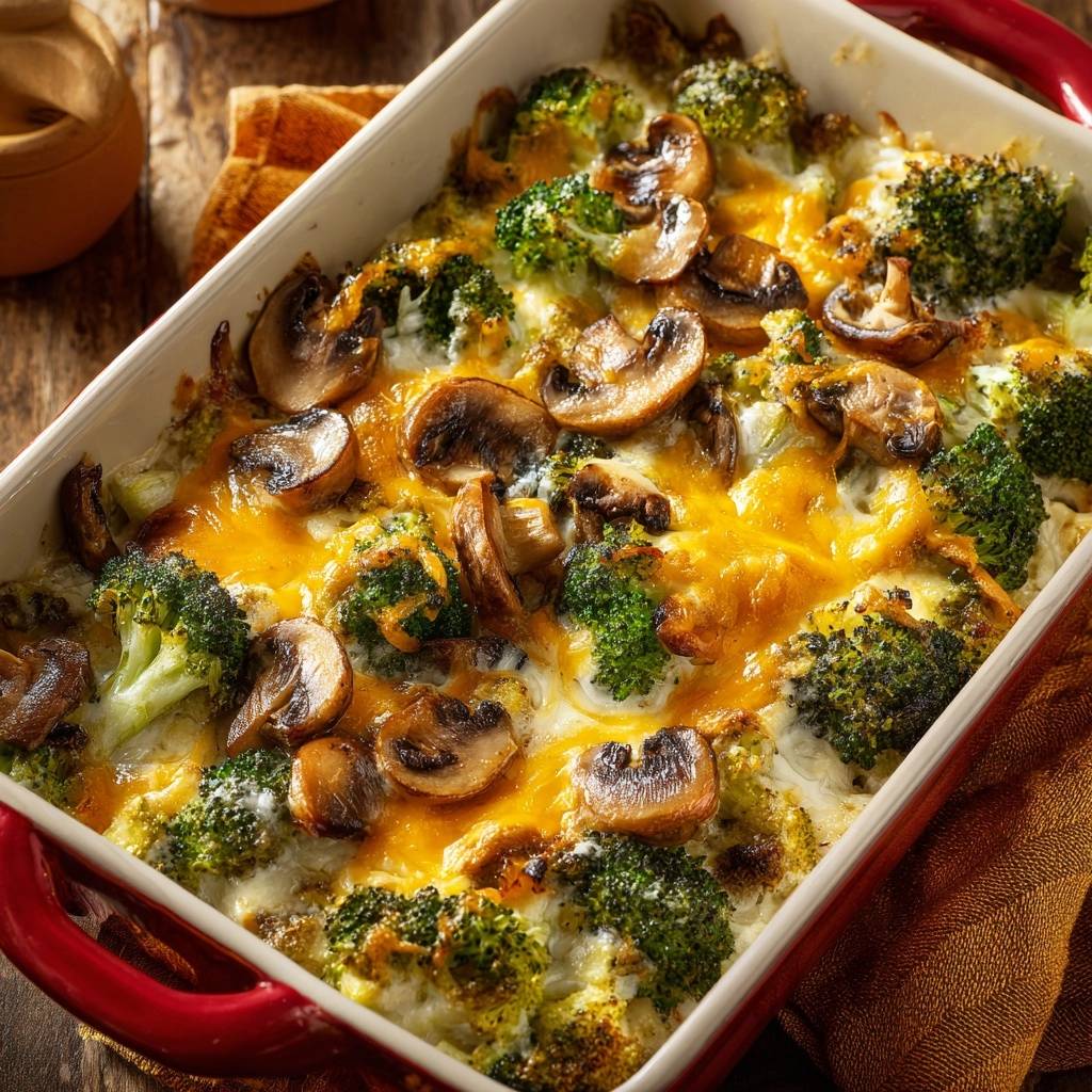 Herzhafter Brokkoli-Pilz-Auflauf von oben betrachtet, mit geschmolzenem Käse, frischen Pilzen und perfekt gegartem Brokkoli.