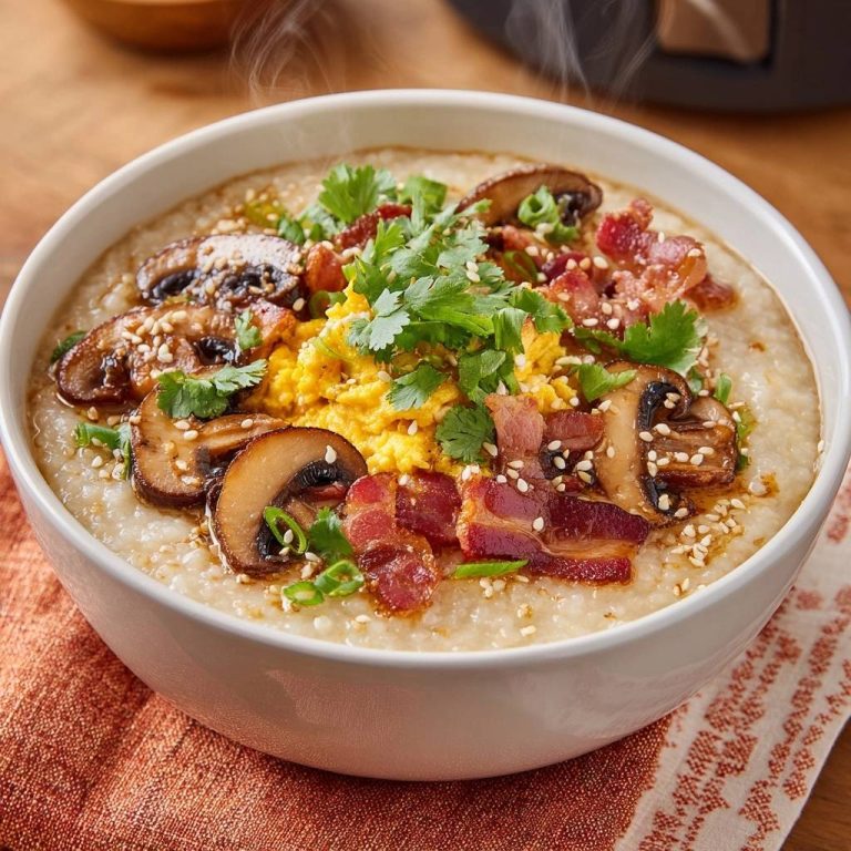 Herzhafter Frühstücks-Congee, serviert in einer Schüssel, mit knusprigem Speck, Pilzen und frischem Koriander verziert.