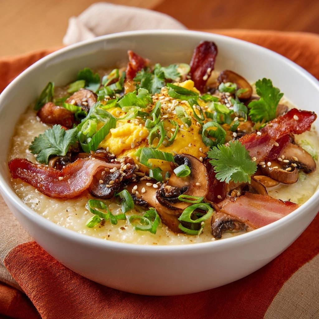 Herzhafter Frühstücks-Congee, serviert in einer Schüssel, mit knusprigem Speck, Pilzen, Eiern und frischen Kräutern garniert.