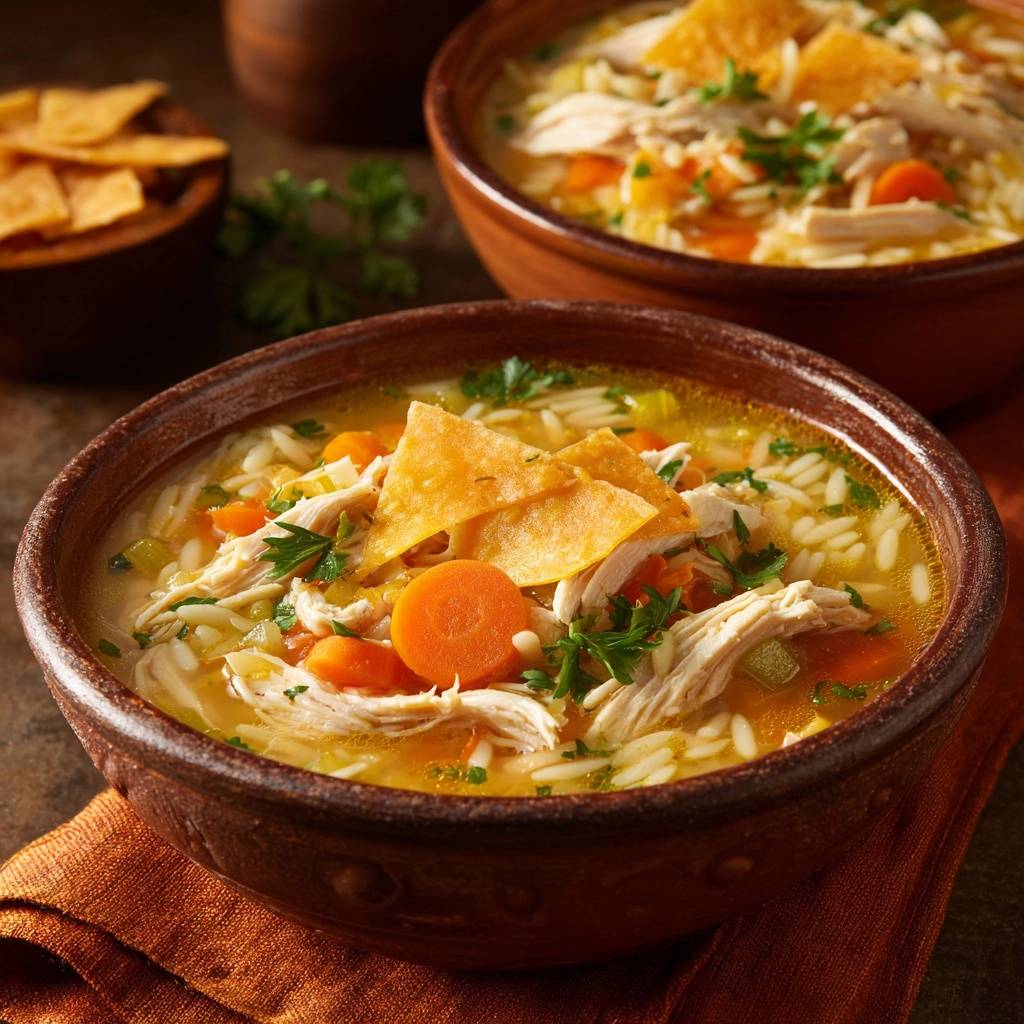 Herzhafter Hähnchen-Orzo-Eintopf, serviert in rustikalen Schalen, garniert mit frischer Petersilie und knusprigen Tortilla-Chips.