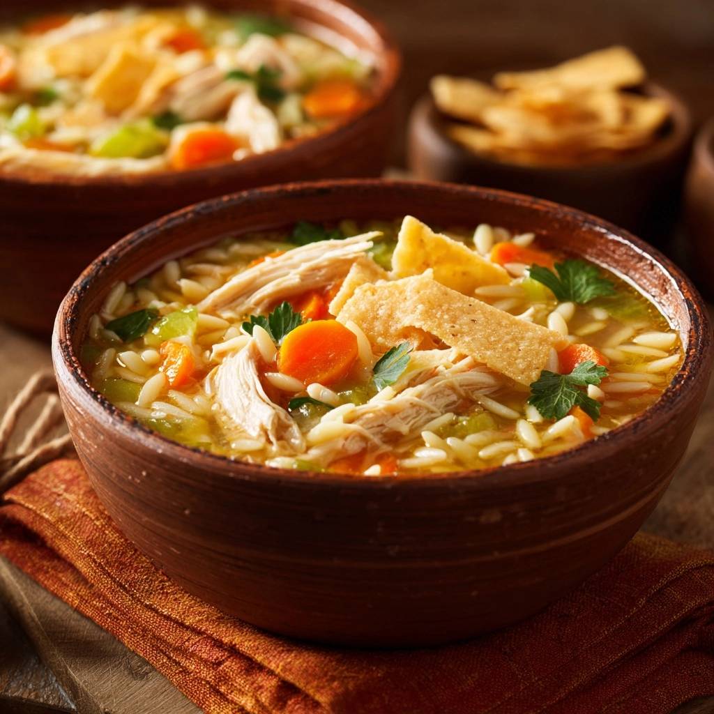 Herzhafter Hähnchen-Orzo-Eintopf in einer Schüssel aus nächster Nähe. Der Eintopf ist mit Hähnchen, Karotten, Gemüse und Tortilla-Chips garniert.