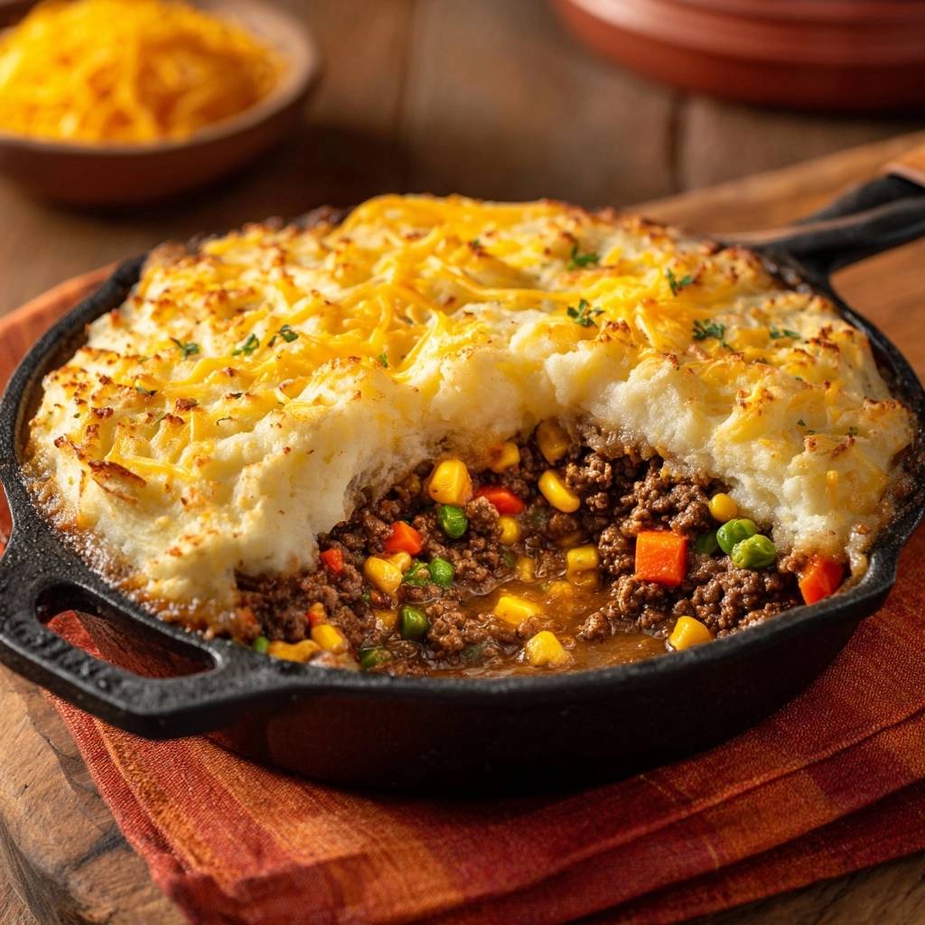 Herzhafter Shepherds Pie Aus Gusseisenpfanne Querschnitt 1 Herzhafter Shepherd's Pie aus der Gusseisenpfanne zeigt einen appetitlichen Querschnitt mit saftigem Hackfleisch und Gemüse. Der herzhafte Auflauf ist mit goldbraunem Kartoffelpüree bedeckt.