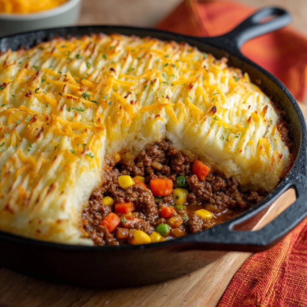 Herzhafter Shepherd's Pie aus der Gusseisenpfanne, mit einem Blick auf den herzhaften Fleisch- und Gemüsebelag durch den angeschnittenen Kartoffeldeckel.
