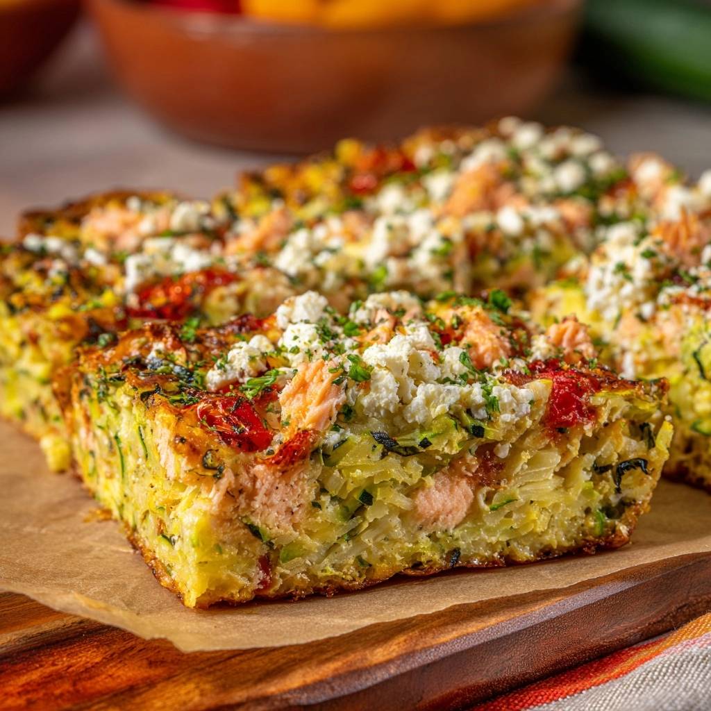 Herzhafter Zucchini Lachs Auflauf Querschnitt 1 Herzhafter Zucchini-Lachs-Auflauf mit saftiger Textur, in Nahaufnahme im Anschnitt gezeigt, mit Lachs und Feta belegt.