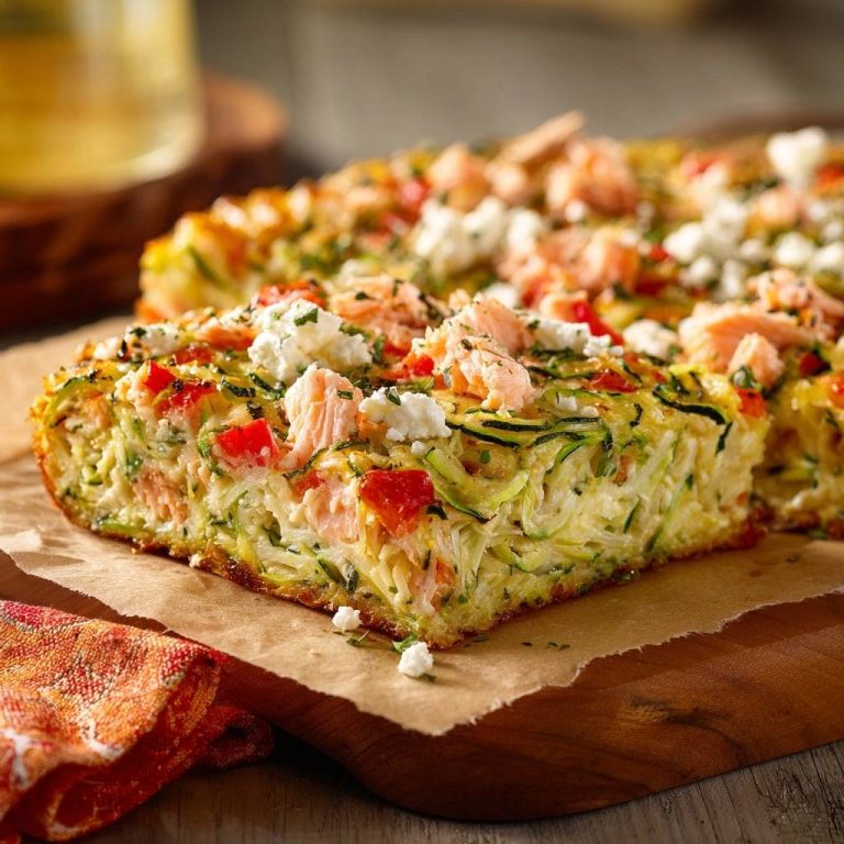 Herzhafter Zucchini-Lachs-Auflauf als angeschnittener Querschnitt mit Lachs und Feta bestreut, serviert auf Backpapier.