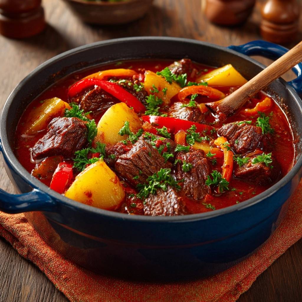 Herzhaftes Rindergulasch mit Kartoffeln in Nahaufnahme: Ein Blick auf die zarten Fleischstücke, Kartoffeln und Paprika in der köstlichen Soße.