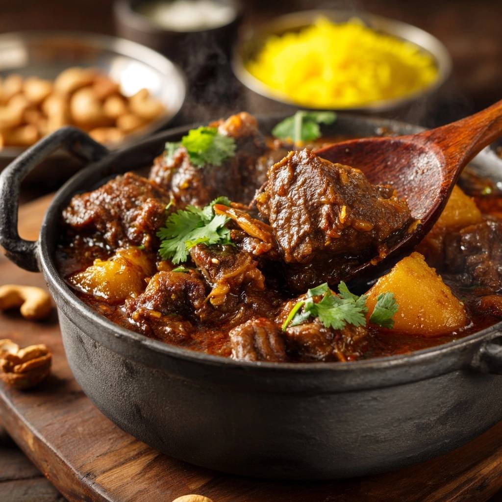 Herzhaftes Rindergulasch mit Kartoffeln in einer gusseisernen Pfanne, nah aufgenommen. Ein Holzlöffel hebt ein großes Stück Fleisch hervor.