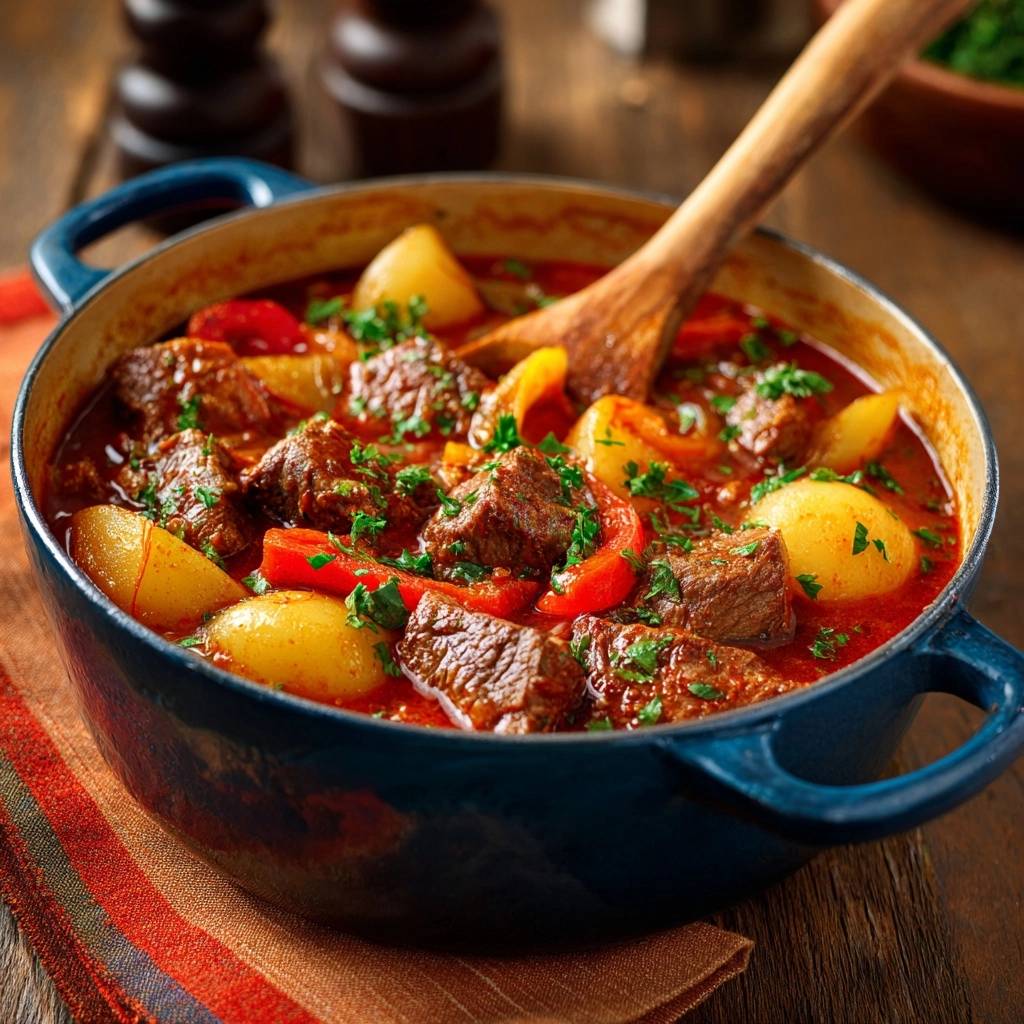 Herzhaftes Rindergulasch mit Kartoffeln in einer blauen Pfanne, mit frischer Petersilie garniert, Nahaufnahme des herzhaften Eintopfs.