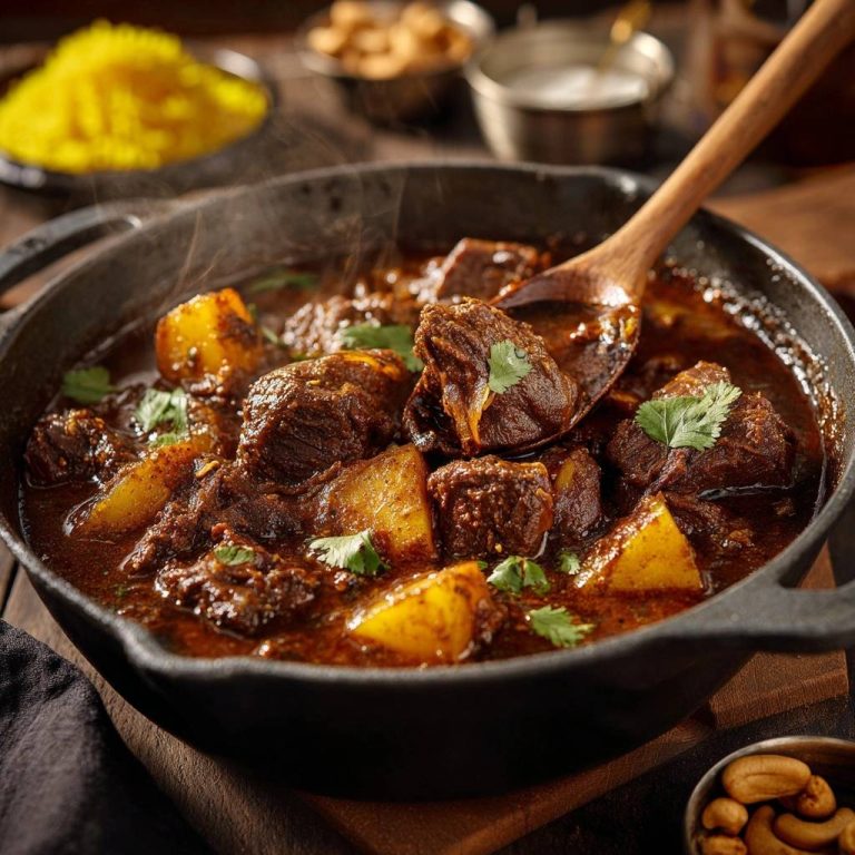 Herzhaftes Rindergulasch mit Kartoffeln in einer gusseisernen Pfanne, serviert mit frischer Petersilie und einer Nahaufnahme.
