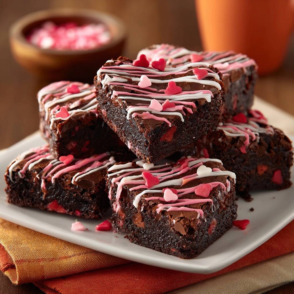 Herzige Schoko-Kirsch-Brownies, gestapelt auf einem Teller, mit rosa und weißen Glasur-Dekorationen und kleinen Herz-Streuseln.