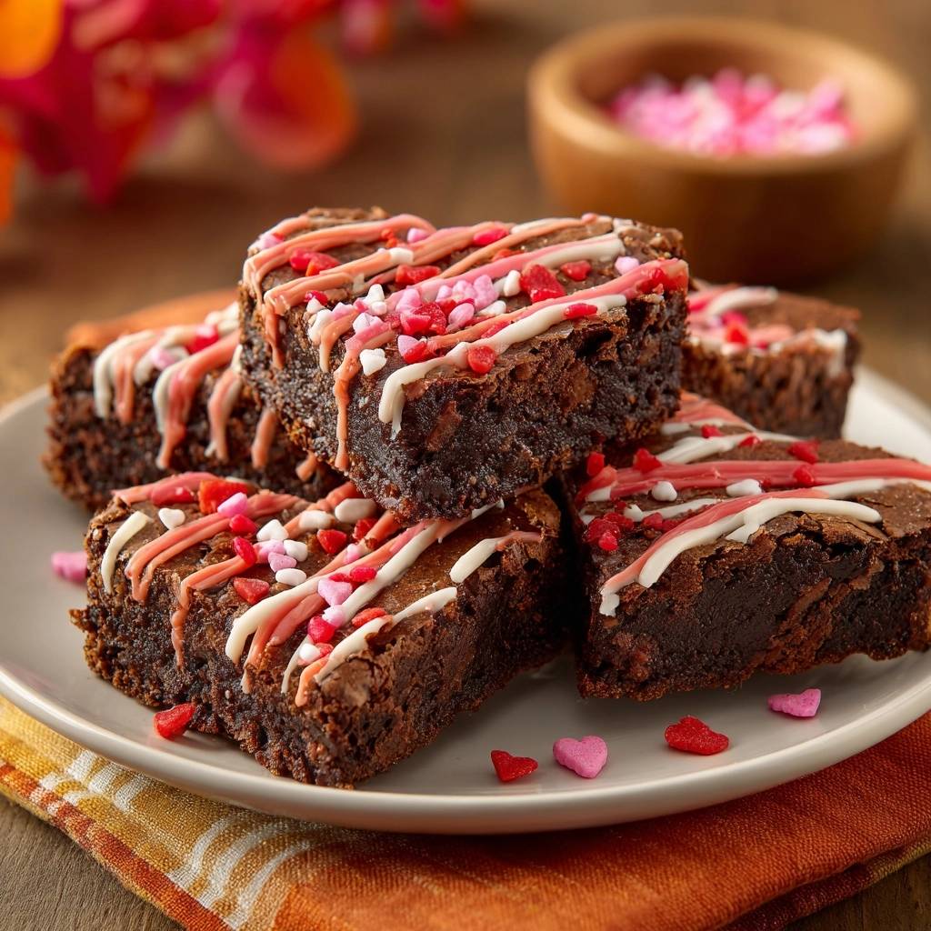 Herzige Schoko Kirsch Brownies Serviert 1 Herzige Schoko-Kirsch-Brownies serviert auf einem Teller, dekoriert mit rosa und roten Streuseln und Zuckerguss. Diese saftigen Brownies sind perfekt für Verliebte.