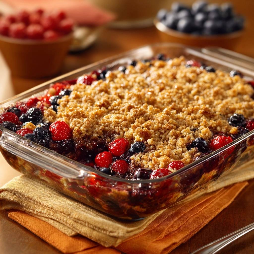 Himbeer-Blaubeer-Crumble in einer Glasform, serviert in einer Draufsicht. Der Streusel-Belag ist goldbraun und bedeckt die saftigen Beeren.