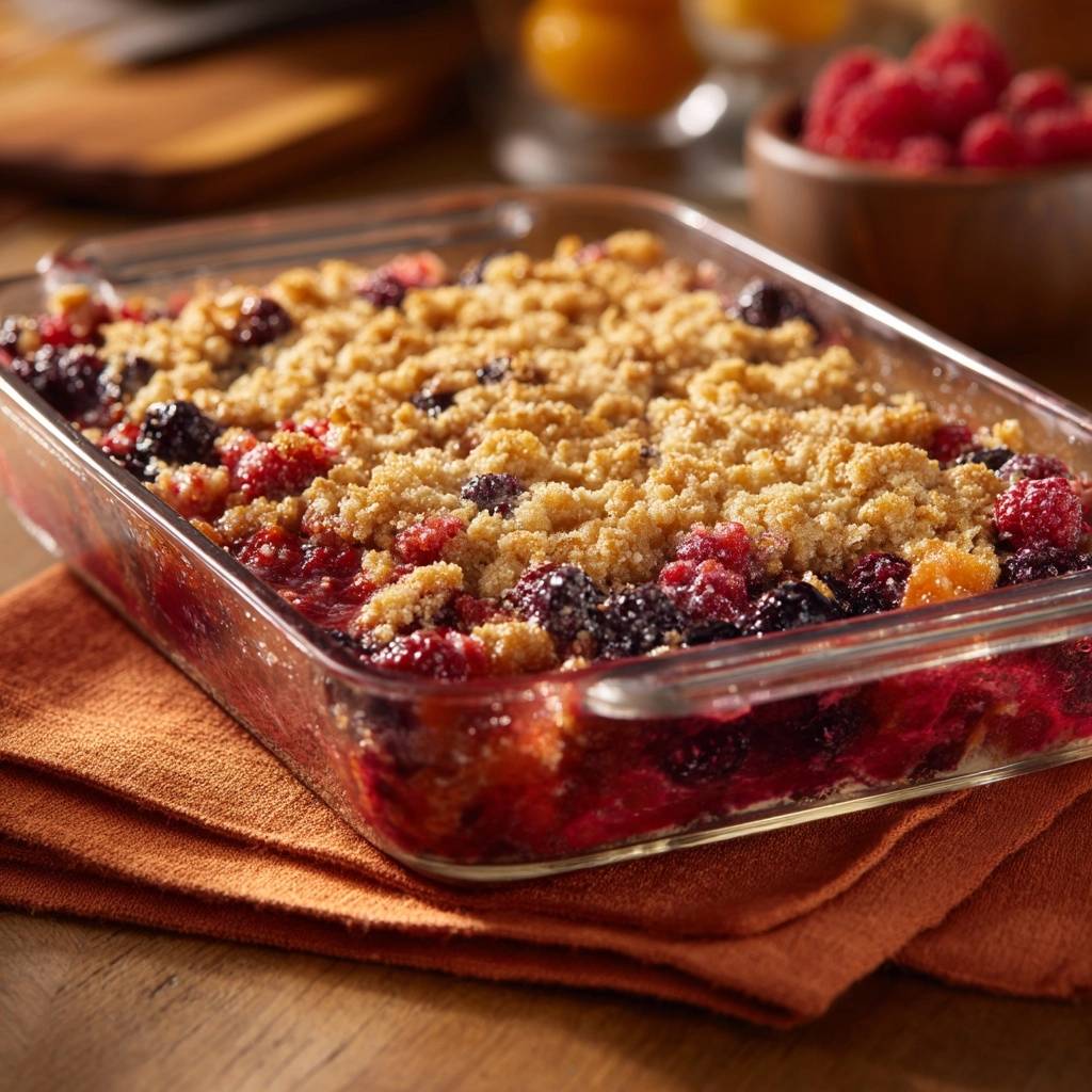 Himbeer-Blaubeer-Crumble in einer Glasform gebacken, mit goldbraunen Streuseln bedeckt. Der fruchtige Auflauf ist dampfend und bereit zum Servieren.