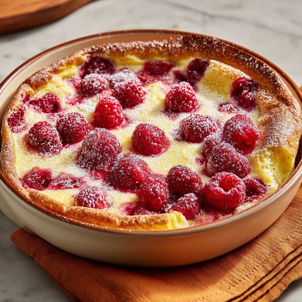 Himbeer Clafoutis Draufsicht Mit Puderzucker 1 Himbeer-Clafoutis in einer Keramikform, von oben fotografiert, mit frischen Himbeeren und Puderzucker bestäubt.