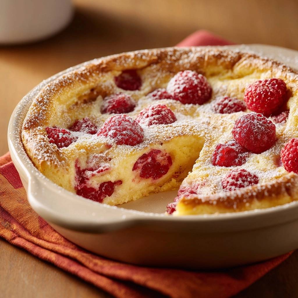 Himbeer-Clafoutis mit einem angeschnittenen Stück, das die cremige Textur und die saftigen Himbeeren im Inneren zeigt.
