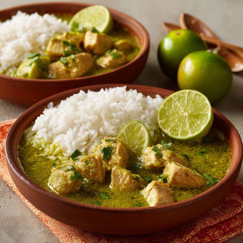 Huhn in cremiger Salsa Verde mit Reis, serviert in zwei Tonschalen mit Limettenspalten und frischer Petersilie garniert.