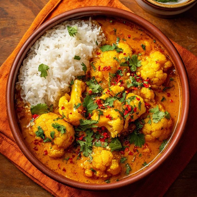 Indisches Blumenkohl-Curry mit Reis, serviert in einer Schüssel, mit knackigem Blumenkohl und einer großzügigen Portion Reis, von oben betrachtet.