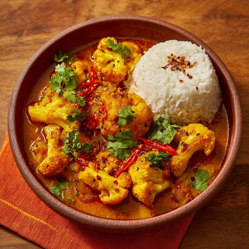 Indisches Blumenkohl-Curry mit Reis, serviert in einer Schüssel, mit einer Draufsicht auf das Gericht und frischen Kräutern.