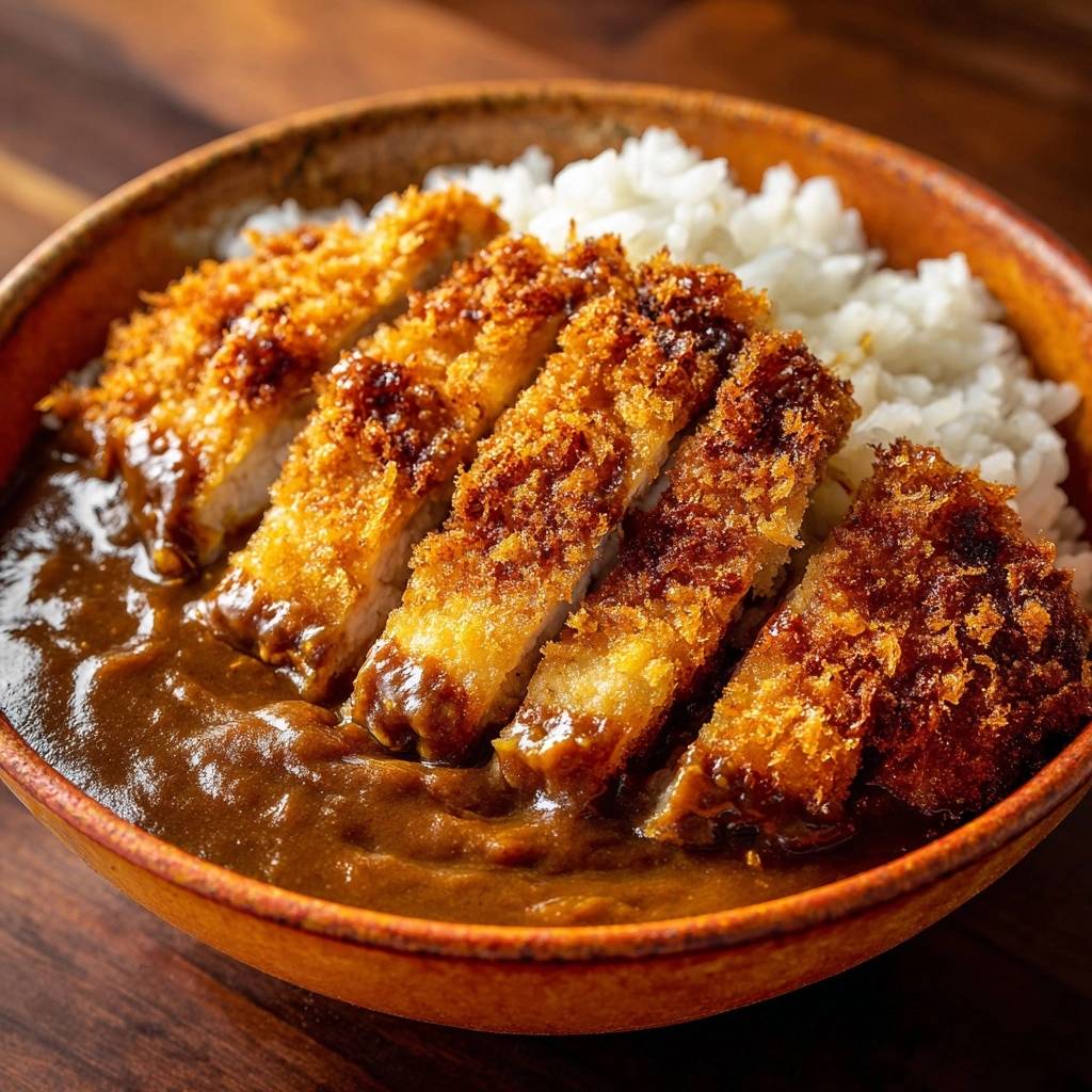 Japanisches Katsu Curry mit knuspriger Panade, die einen saftigen Fleischquerschnitt zeigt, serviert mit Reis und Curry-Soße.