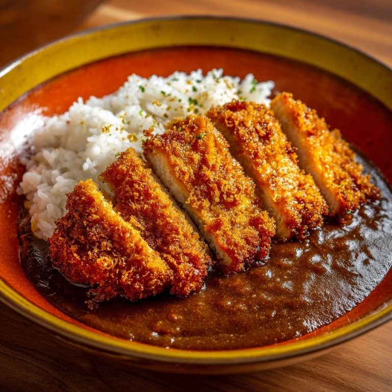 Japanisches Katsu Curry, serviert auf einem Teller mit fluffigem Reis, knusprigem Fleisch und reichhaltiger Curry-Soße.