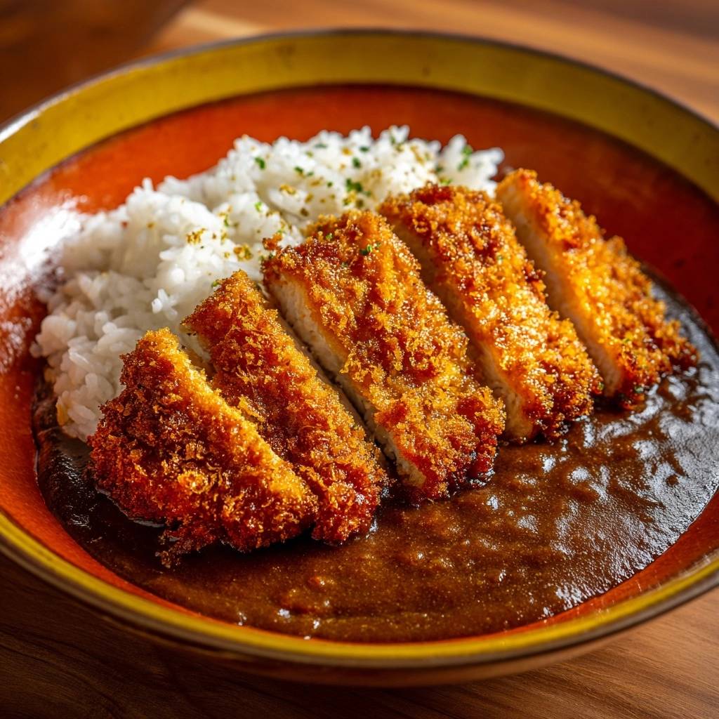 Japanisches Katsu Curry, serviert auf einem Teller mit fluffigem Reis, knusprigem Fleisch und reichhaltiger Curry-Soße.