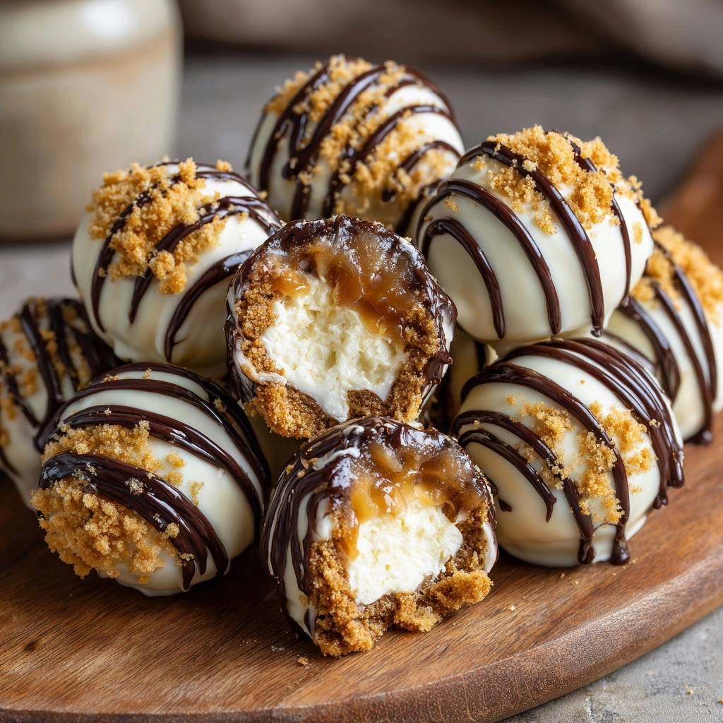 Karamell-Cheesecake-Trüffel in weißer Schokolade zeigen hier einen köstlichen Querschnitt, der die cremige Füllung und den Karamell-Kern offenbart.
